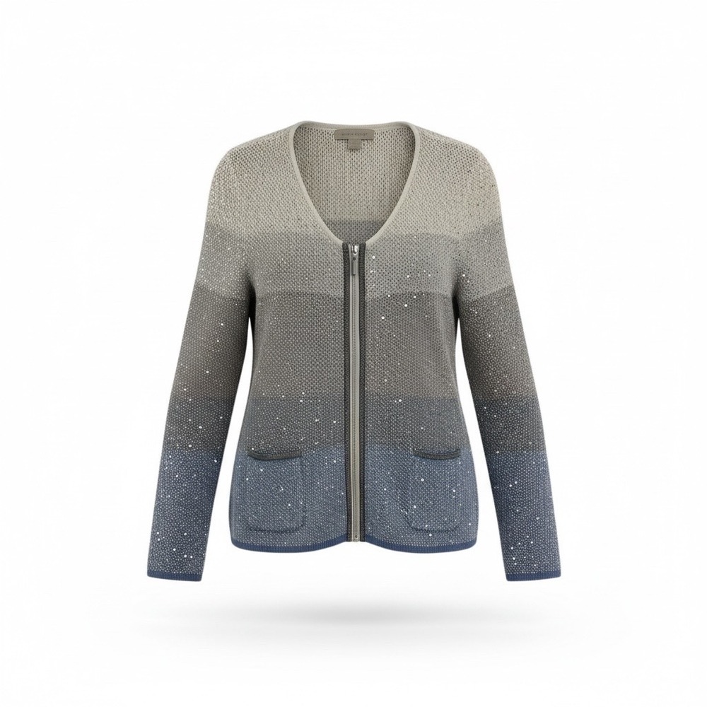Laura Ashley‎ Womens XL Grey Multi Ombre Sequin Zip Front Cardigan Sweater